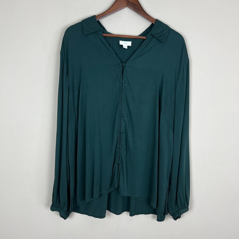 J Jill Blouse Top Womens 2X Green Button Up Long Sleeve Relaxed Fit V-Neck Modal